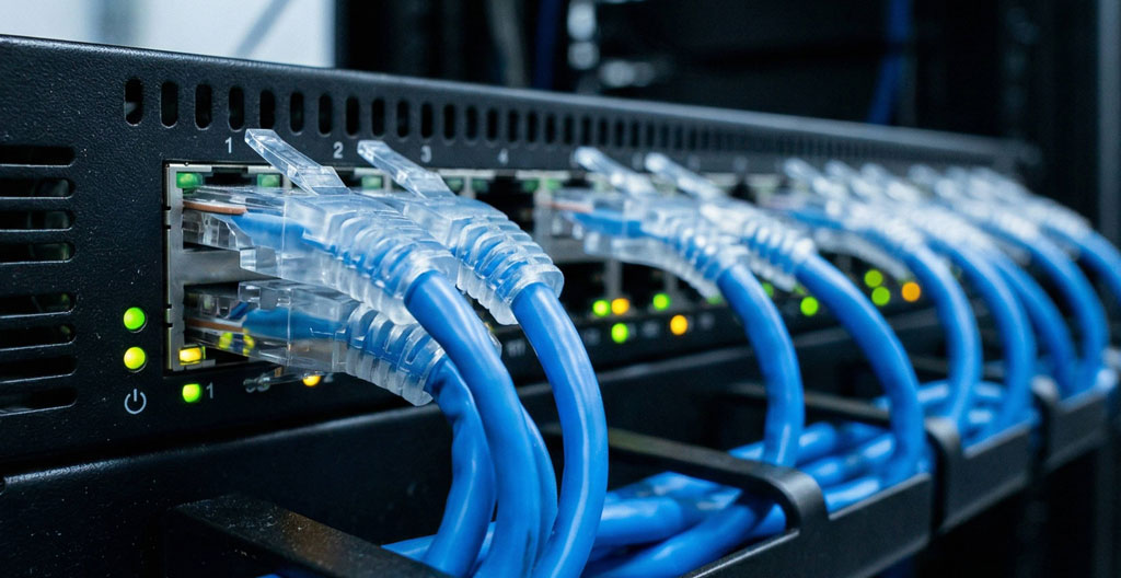 Switch réseau avec câbles Ethernet et voyants lumineux indiquant un fonctionnement normal