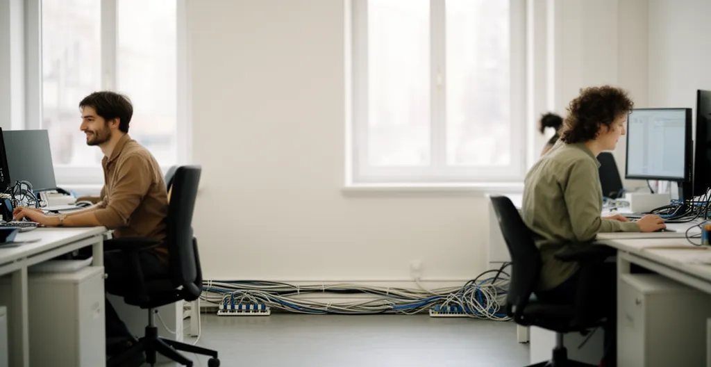 Bureau open space IT paisible masquant potentiellement des failles de sécurité réseau