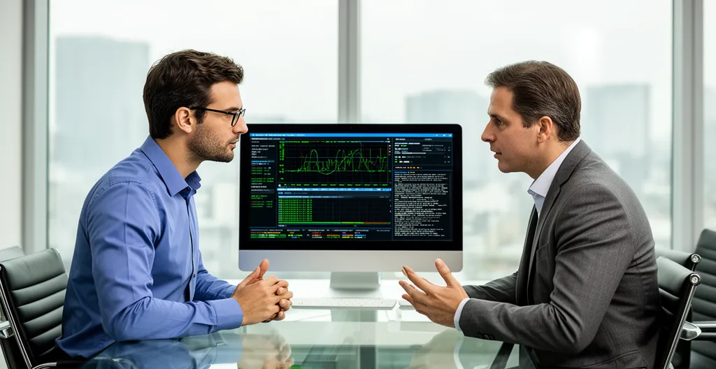 Consultant cybersécurité présentant un diagnostic réseau à un responsable d'entreprise