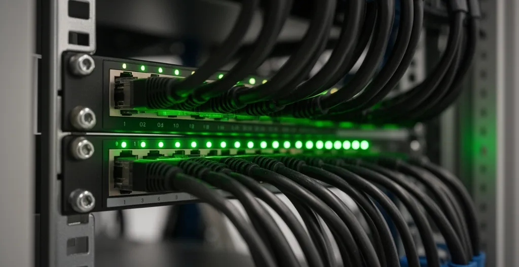 Switch réseau avec câbles Ethernet et voyants lumineux indiquant un fonctionnement normal