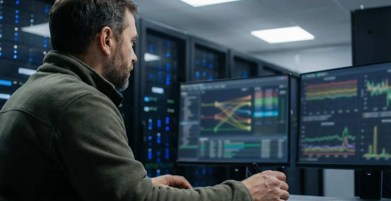 Technicien IT analysant des écrans de monitoring réseau dans une salle serveur moderne